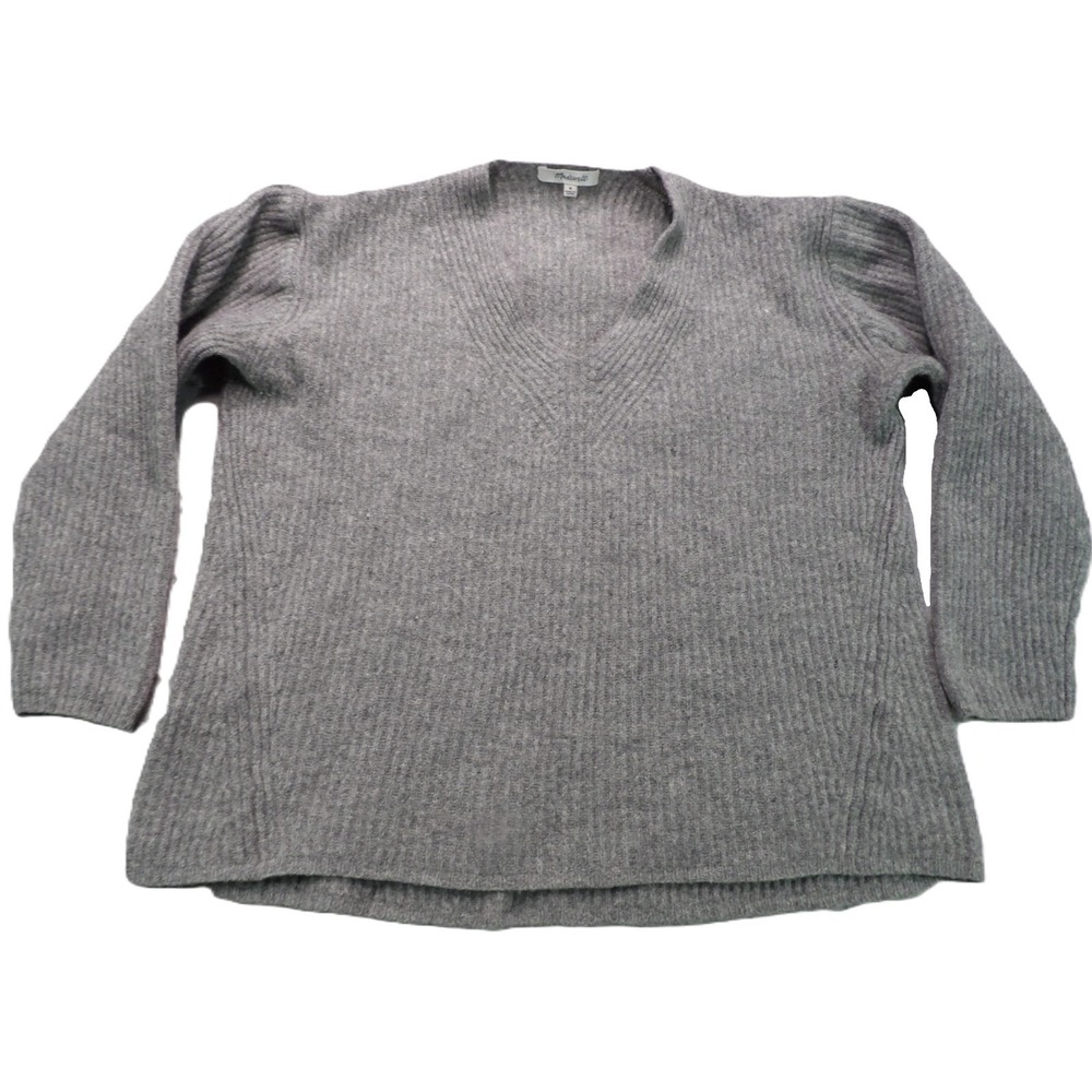 Madewell Woodside Merino Wool Sweater Women M Gray V Neck Pullover Rib Knit Cozy